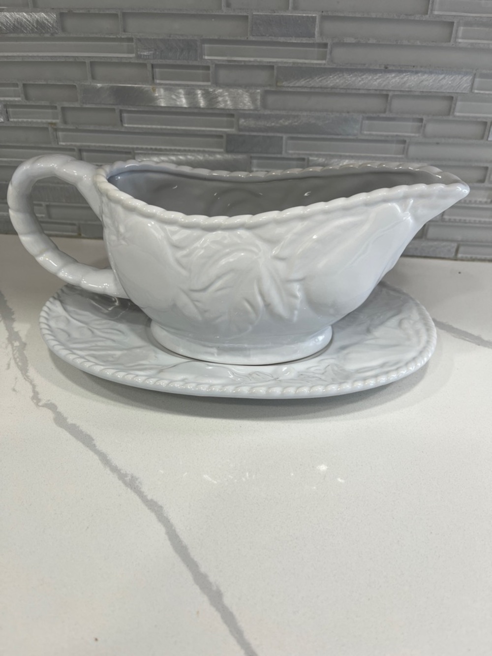 Gibson White Embossed Ceramic Gravy Boat with Attached Saucer